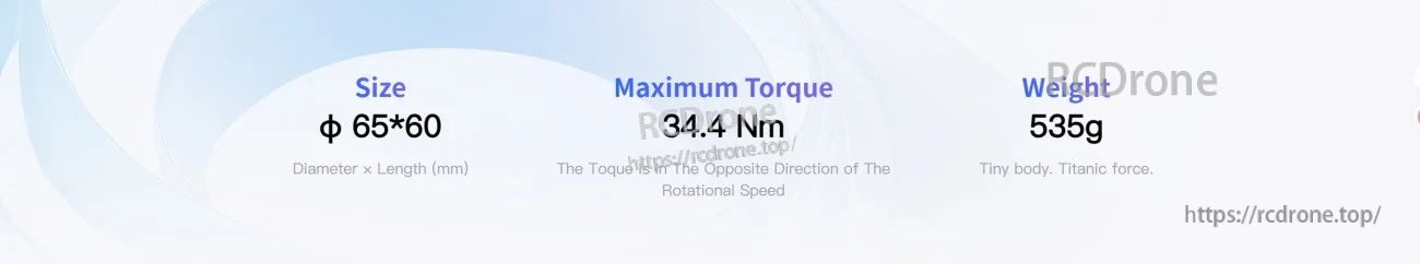 IM6014 joint motor key specs banner: φ65×60 mm size, 34.4 N·m maximum torque, 535 g weight
