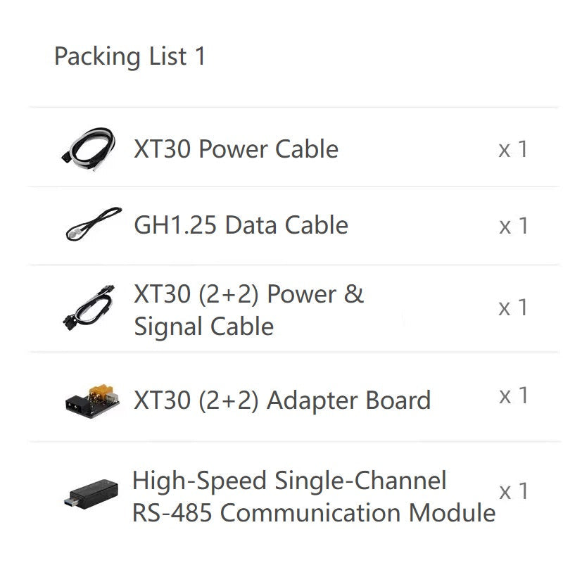 Packing List 1 graphic: XT30 power cable, GH1.25 data cable, adapter board, RS-485 module