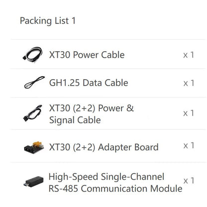 Packing List 1 graphic: XT30 power cable, GH1.25 data cable, adapter board, RS-485 module