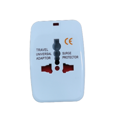 Universal Adapter front view with travel universal socket, surge protector label and CE mark