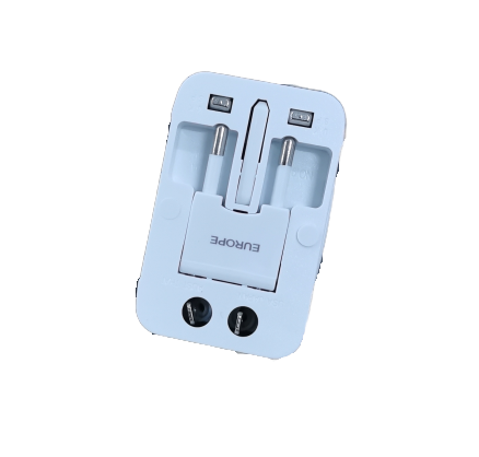 Rear view of universal travel adapter with EU round pins extended, sliding plug selector and dual USB ports
