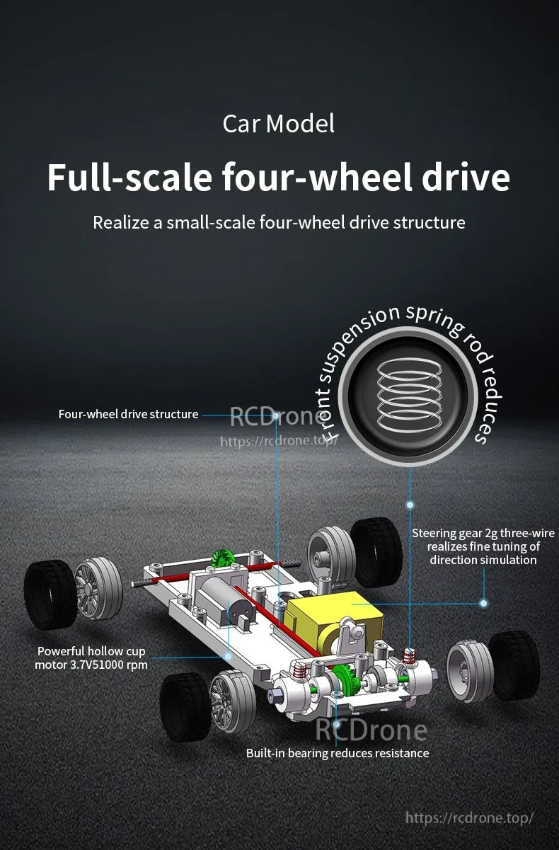 Upgraded Gyro 1/43 RC Drifting Car, High-performance RC car with 4WD, strong motor, front suspension, steering, and bearings for minimal resistance.