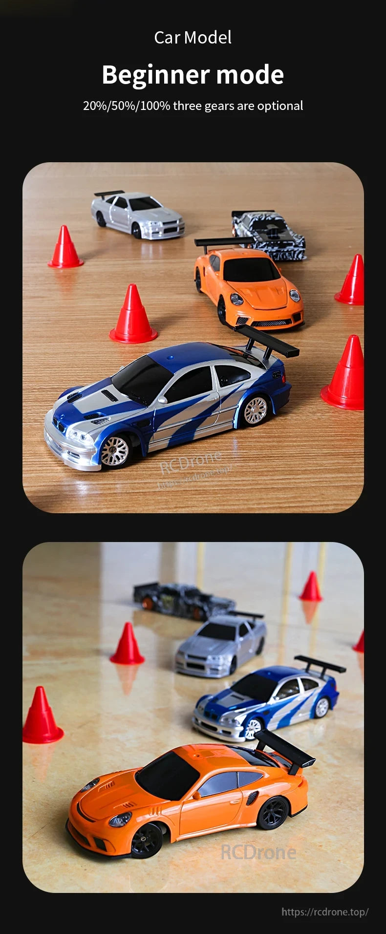 Upgraded Gyro 1/43 RC Drifting Car, Beginner-friendly RC drifting car with 20%/50%/100% speed settings, ideal for wooden surfaces with included cones.