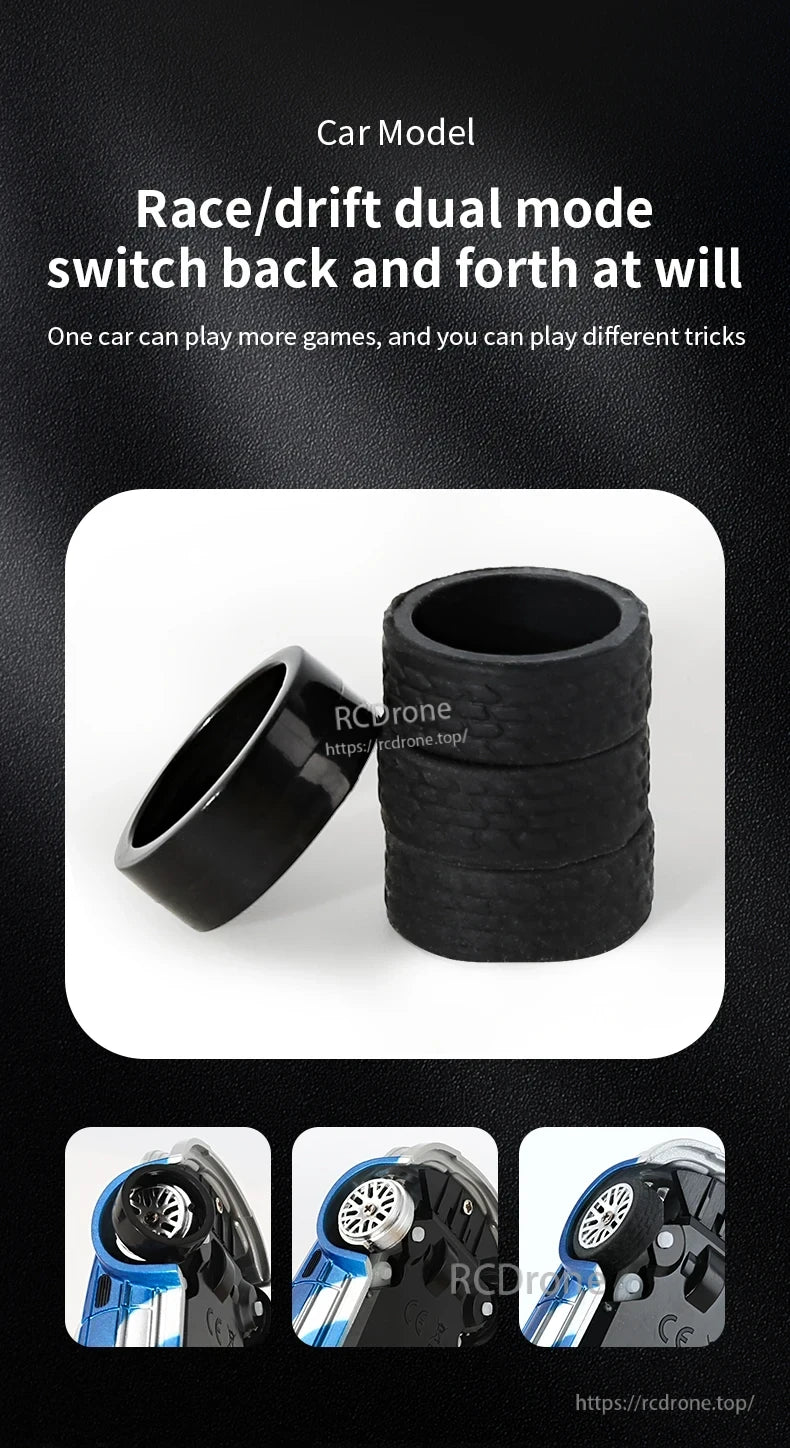 Upgraded Gyro 1/43 RC Drifting Car, Race or drift mode switchable; one car for multiple games with diverse tricks and versatile gameplay options.