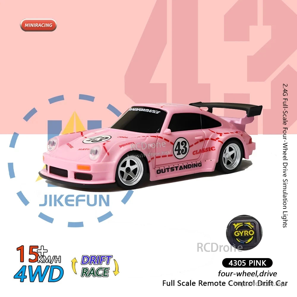Upgraded Gyro 1/43 RC Drifting Car, Pink 1/43 scale 4WD RC drift car, model 4305, features 2.4G control, gyro stabilization, drift mode, and reaches 15+ km/h.