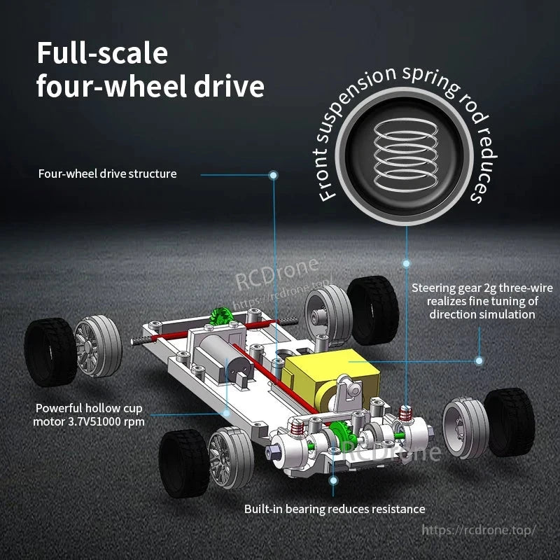 Upgraded Gyro 1/43 RC Drifting Car, High-performance 4WD RC car with powerful motor, front suspension, precise steering, and built-in bearings for smooth, responsive control.