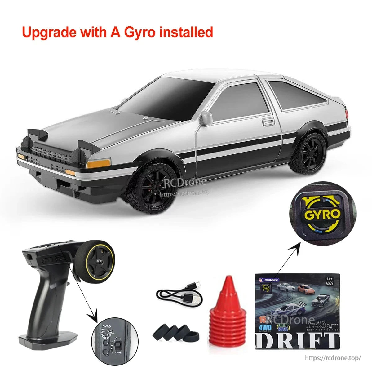 Upgraded Gyro 1/43 RC Drifting Car, This RC drifting car has a gyro installation, reaches 15 km/h speed, and comes with a 200mAh Li Po battery.