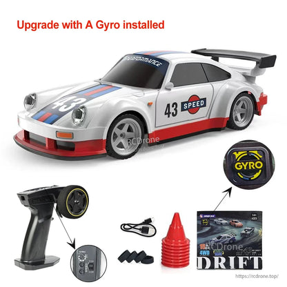 Upgraded Gyro 1/43 RC Drifting Car, Upgraded 1/43 RC drift car with gyro, 4WD, 2.4G control, 15 km/h speed, 200mAh battery; ready-to-run with remote, cones, and accessories.