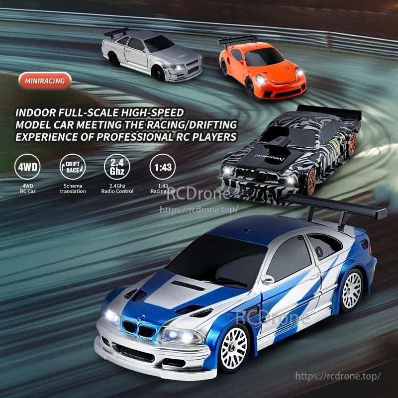 Upgraded Gyro 1/43 RC Drifting Car, MINIRACING 1:43 scale RC car with 4WD, drift capability, 2.4 GHz control, and 15 km/h speed. Features LiPo battery and proportional steering for realistic, high-performance indoor racing. Ready-to-run.