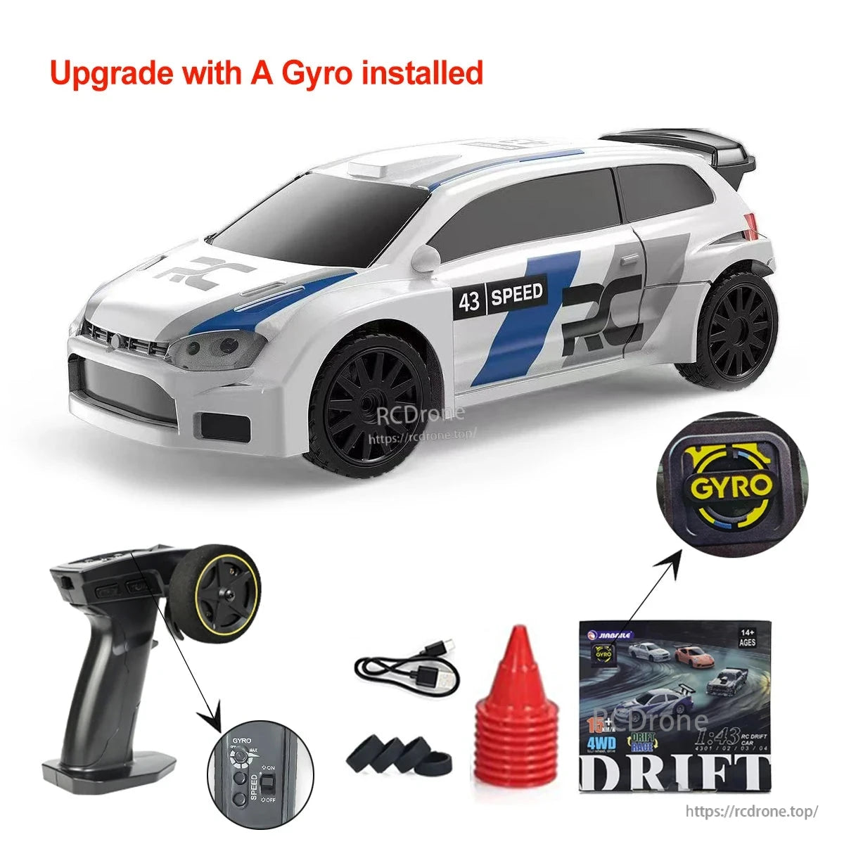 Upgraded Gyro 1/43 RC Drifting Car, Mini 1/43 RC drift car with gyro, 4WD, 2.4G control, 15 km/h speed, 200mAh battery; ready-to-run with remote, cones, and accessories.