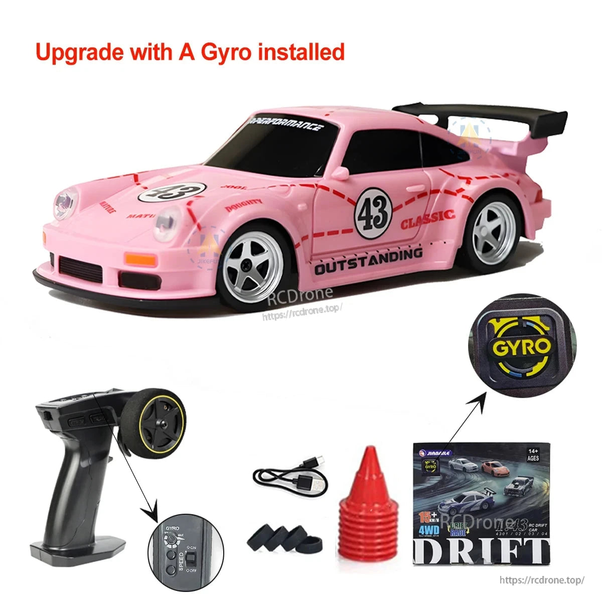 Upgraded Gyro 1/43 RC Drifting Car, Pink 1/43 RC drift car with gyro, 4WD, 2.4G control, 15 km/h speed, LiPo battery. Includes remote, charger, cones, spares. For ages 14+.