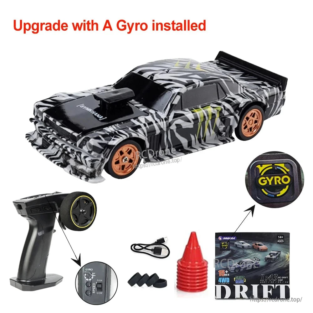 Upgraded Gyro 1/43 RC Drifting Car, High-performance 1/43 RC drift car with gyro stabilization, 4WD, 2.4G proportional control, 15 km/h speed, ready-to-run out of the box.