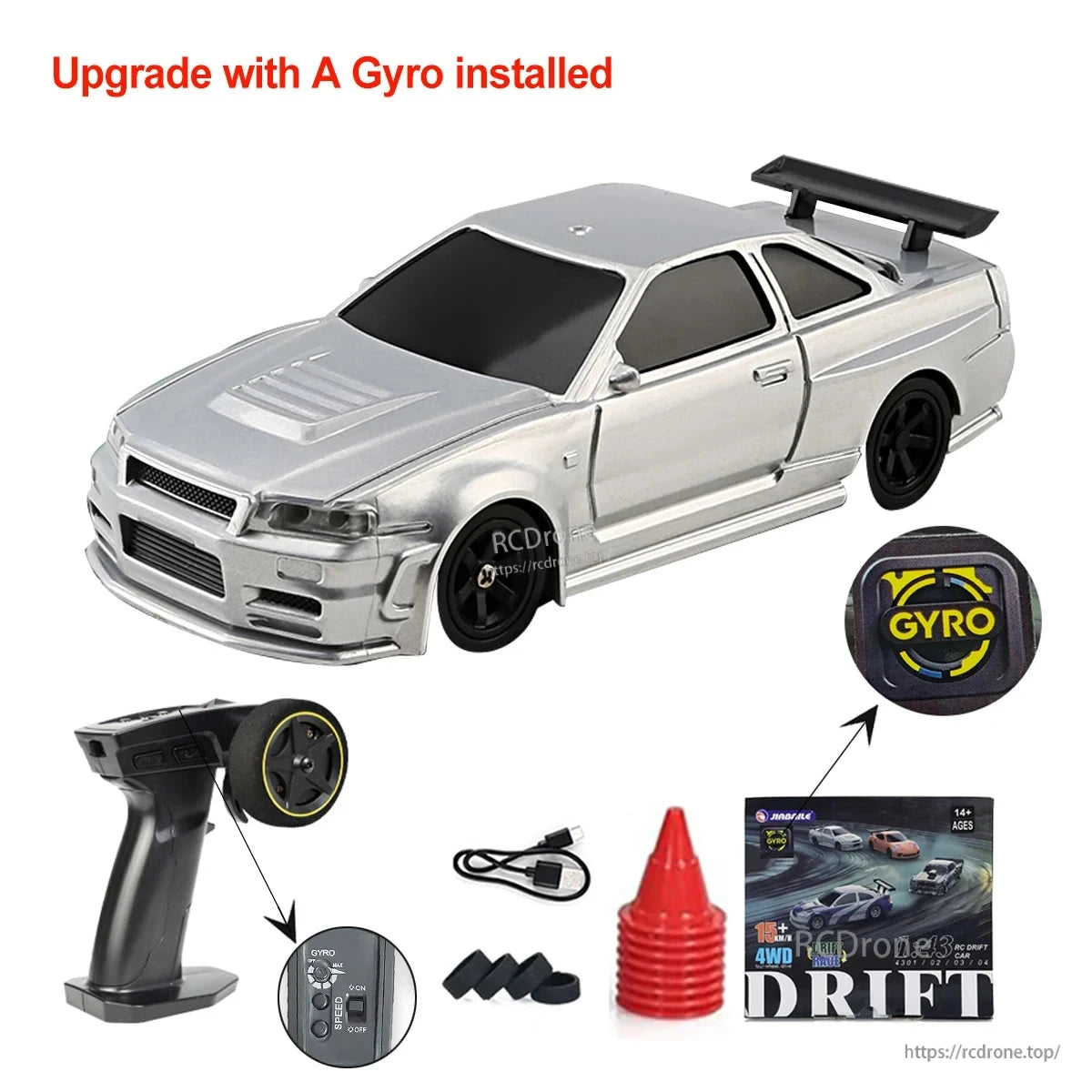 Upgraded Gyro 1/43 RC Drifting Car, 1/43 scale 4WD gyro RC drift car with 2.4G control, 15 km/h speed, 200mAh LiPo battery, ready-to-run, suitable for ages 14 and up.