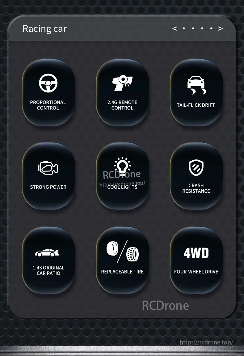 Upgraded Gyro 1/43 RC Drifting Car, High-performance 1:43 scale racing car with 2.4G remote, 4WD, drift capability, cool lights, crash resistance, and replaceable tires for enhanced durability and control.