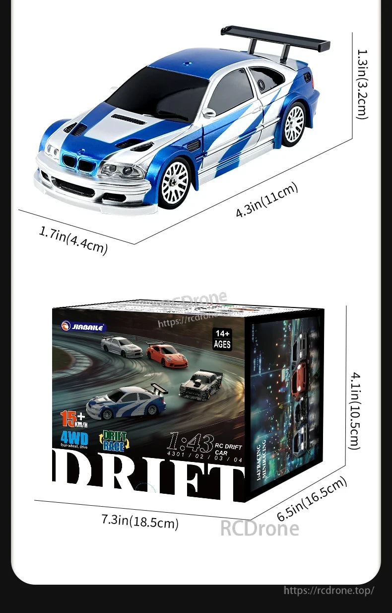 Upgraded Gyro 1/43 RC Drifting Car, JIAOAILE 1:43 RC drift car, 4WD, 15+ km/h, ages 14+, compact design (4.3x1.7x1.3 in), box size 7.3x6.5x4.1 in.
