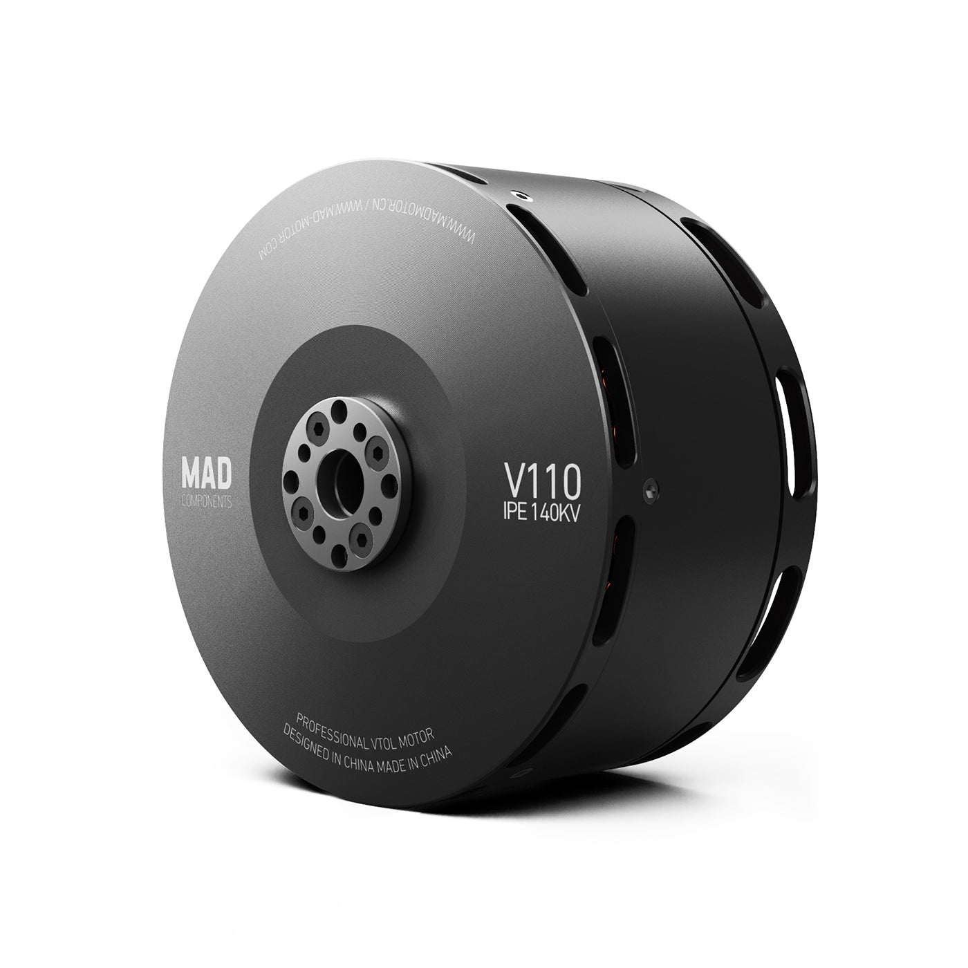 MAD V110 IPE V1.0 140KV eVTOL Drone Motor, MAD V110 IPE 140KV eVTOL drone motor with black cylindrical housing, vent slots, and front mounting flange