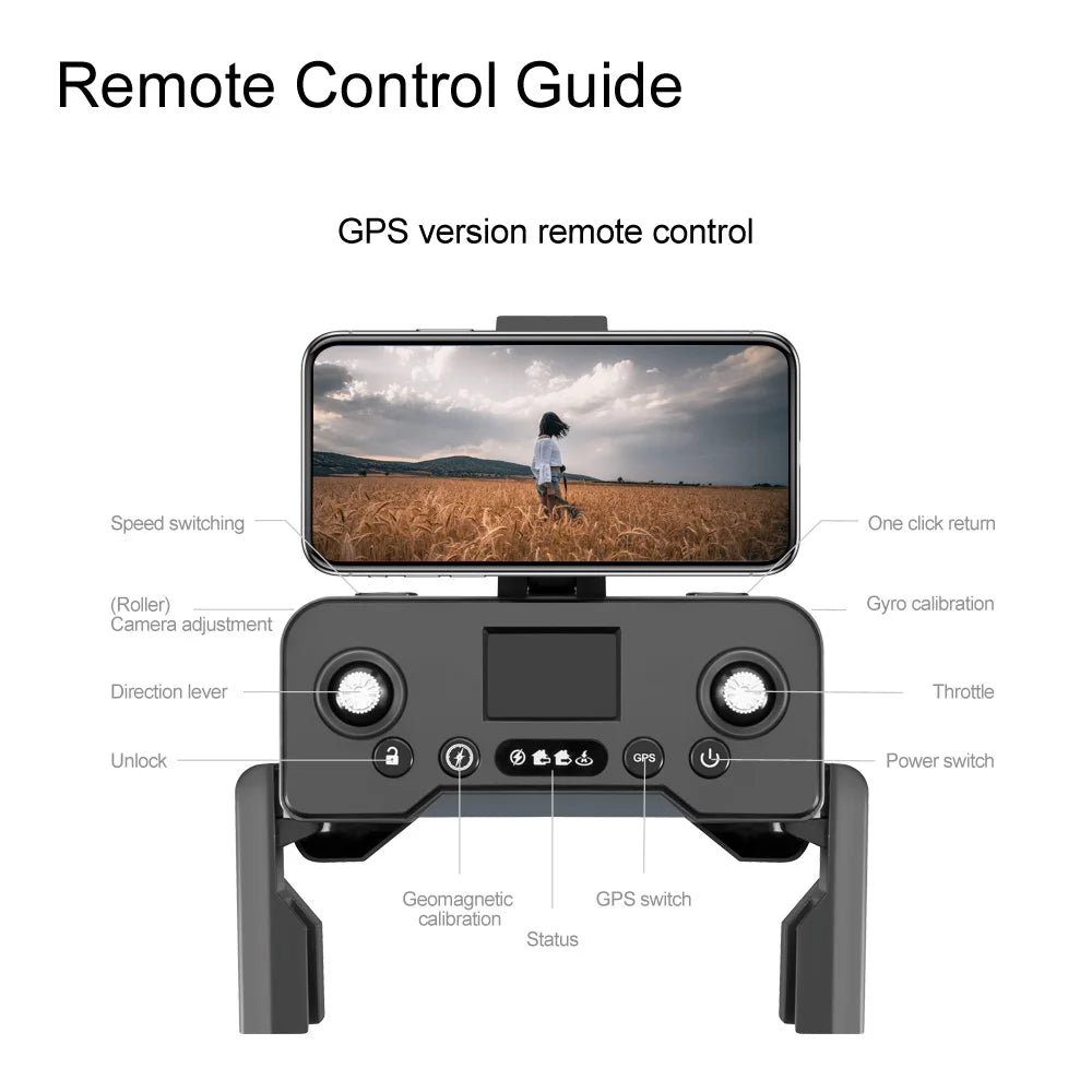 V168 Pro Max GPS Drone, GPS remote control guide for speed switching and calibration.