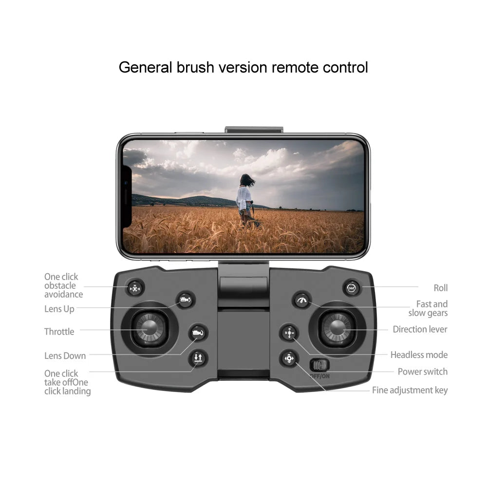 V168 Pro Max GPS Drone, Remote control features include obstacle avoidance, gears, throttle direction, lens adjustments, headless mode, takeoff/landing, and fine adjustment key.