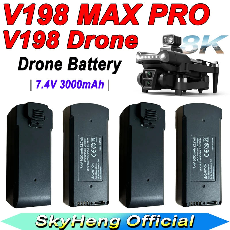 V198 Drone Battery, Description for V198 MAX PRO Drone with 7.4V 3000mAh battery and original 8K GPS features for RC quadcopter use.