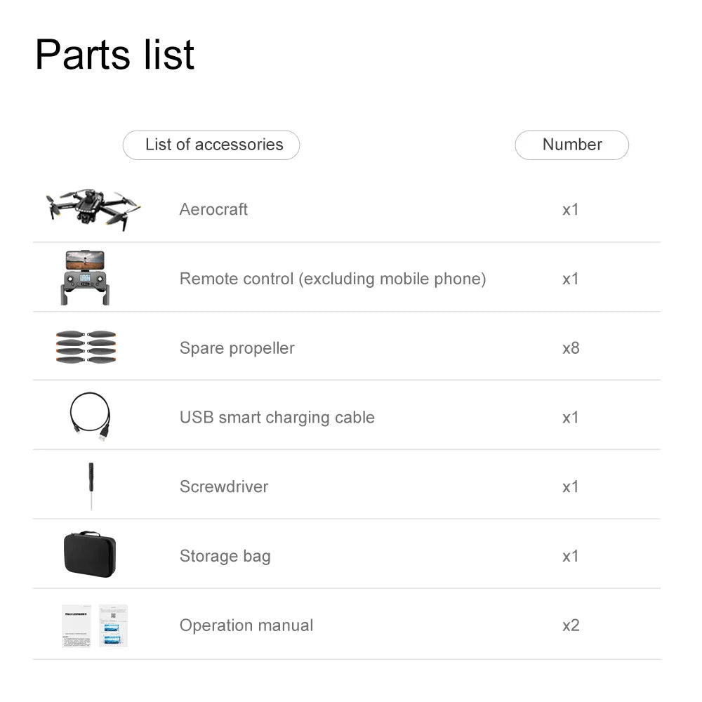 Parts list for V198 MAX PRO drone includes accessories.