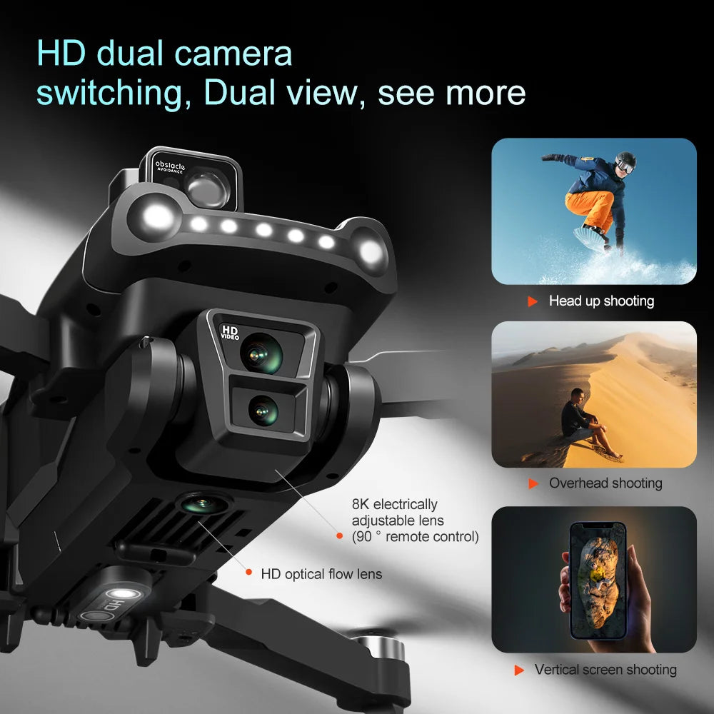 V198 MAX PRO Drone, HD camera features 8K electrically adjustable lens, remote control, and seamless transitions with overhead and vertical screens.