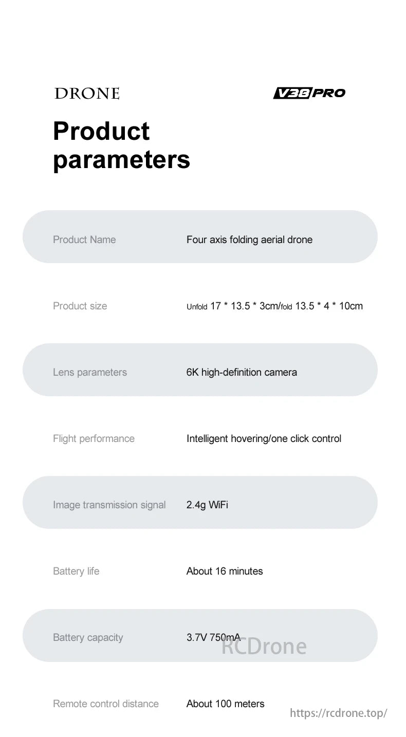 V38 Folding Drone, DRONE V38PRO: Four-axis folding drone with 6K camera, intelligent hovering, 2.4g WiFi, 16-minute flight time, and 100-meter remote control.