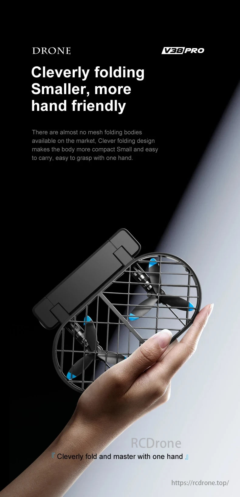 V38 Folding Drone, DRONE V38PRO features a unique, compact, one-handed folding design with no mesh, making it highly portable and distinctive in the market.