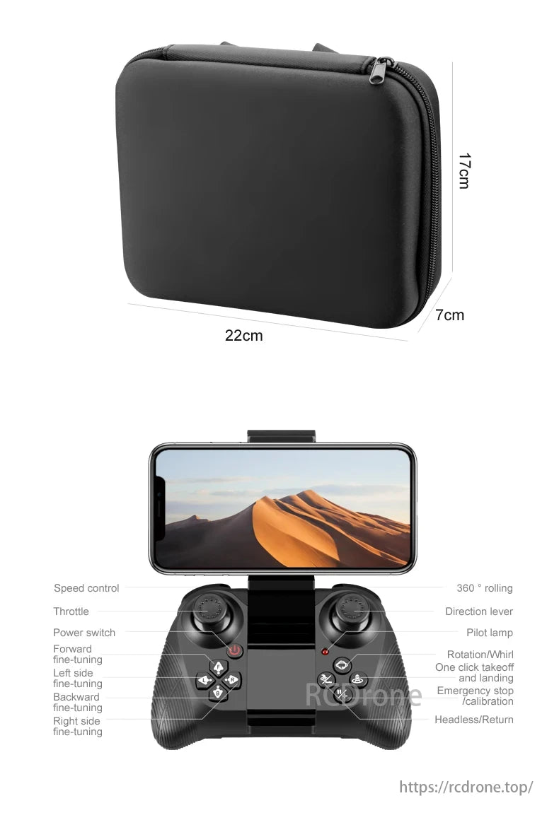 V38 Folding Drone, A black 22x17x7cm case holds a controller with speed control, throttle, power switch, fine-tuning buttons, and 360° direction lever.