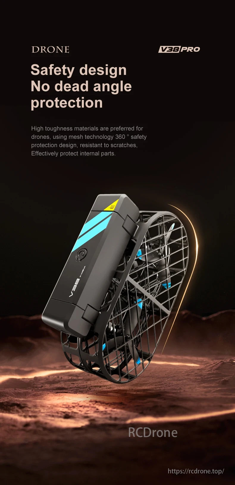 V38 Folding Drone, Drone V38PRO features safety design, no dead angle protection, and scratch-resistant materials.