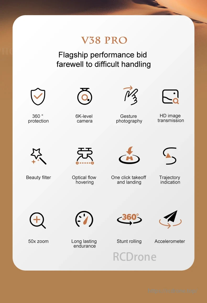 V38 Folding Drone, V38 Pro features 360° protection, 6K camera, gesture control, HD transmission, beauty filter, optical flow, easy takeoff/landing, trajectory indication, 50x zoom, stunts, and long endurance.