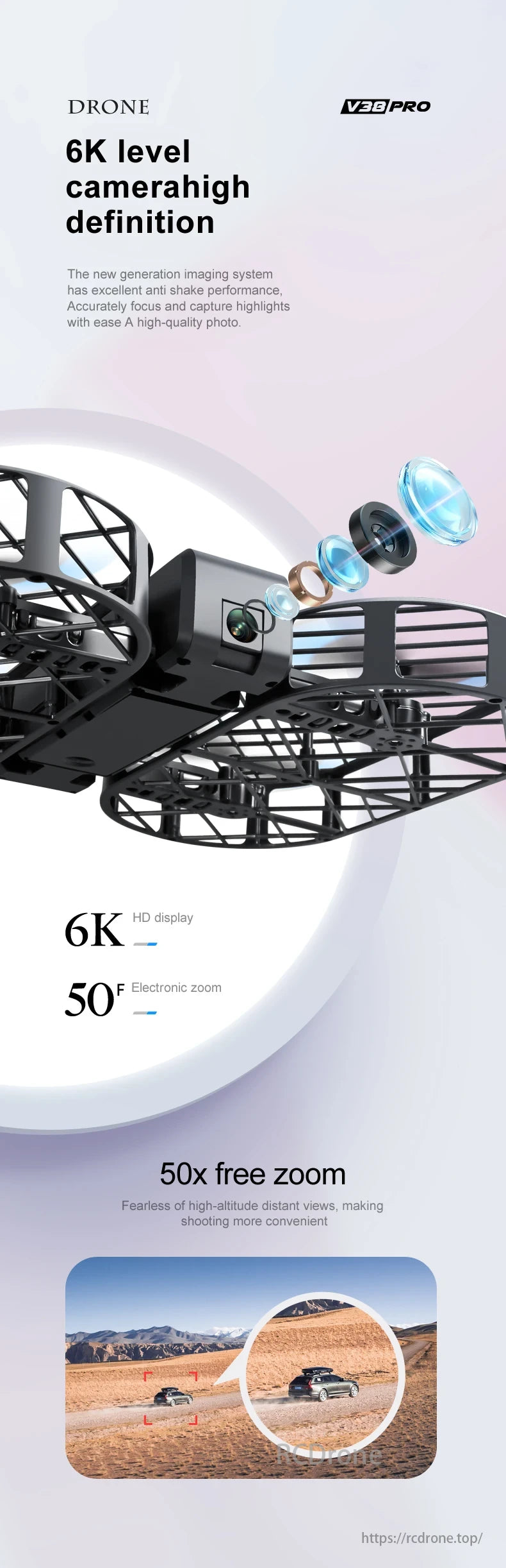 V38 Folding Drone, Drone V38PRO offers a 6K camera, anti-shake, accurate focus, and 50x zoom for high-quality photos and easy long-distance shooting.