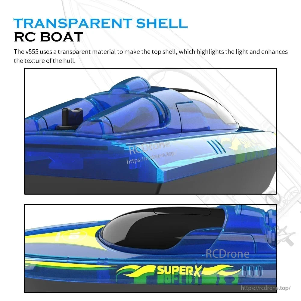 V555 2.4GHz RC Boat, Transparent shell RC boat V555 with 2.4GHz frequency, SuperX design, and enhanced lighting and texture for improved visual appeal and performance.