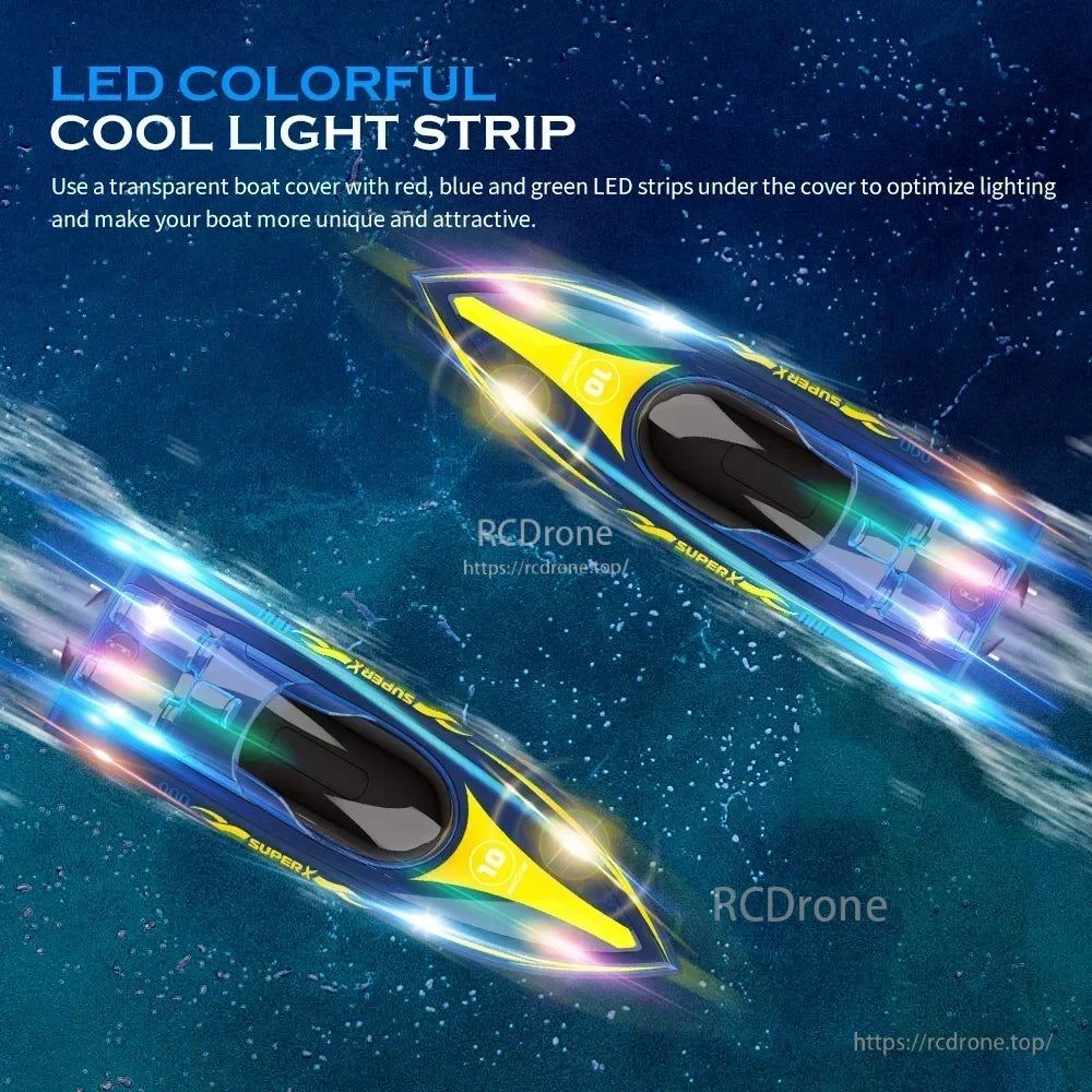 V555 2.4GHz RC Boat, LED colorful cool light strip enhances RC boat with vibrant lighting effects.