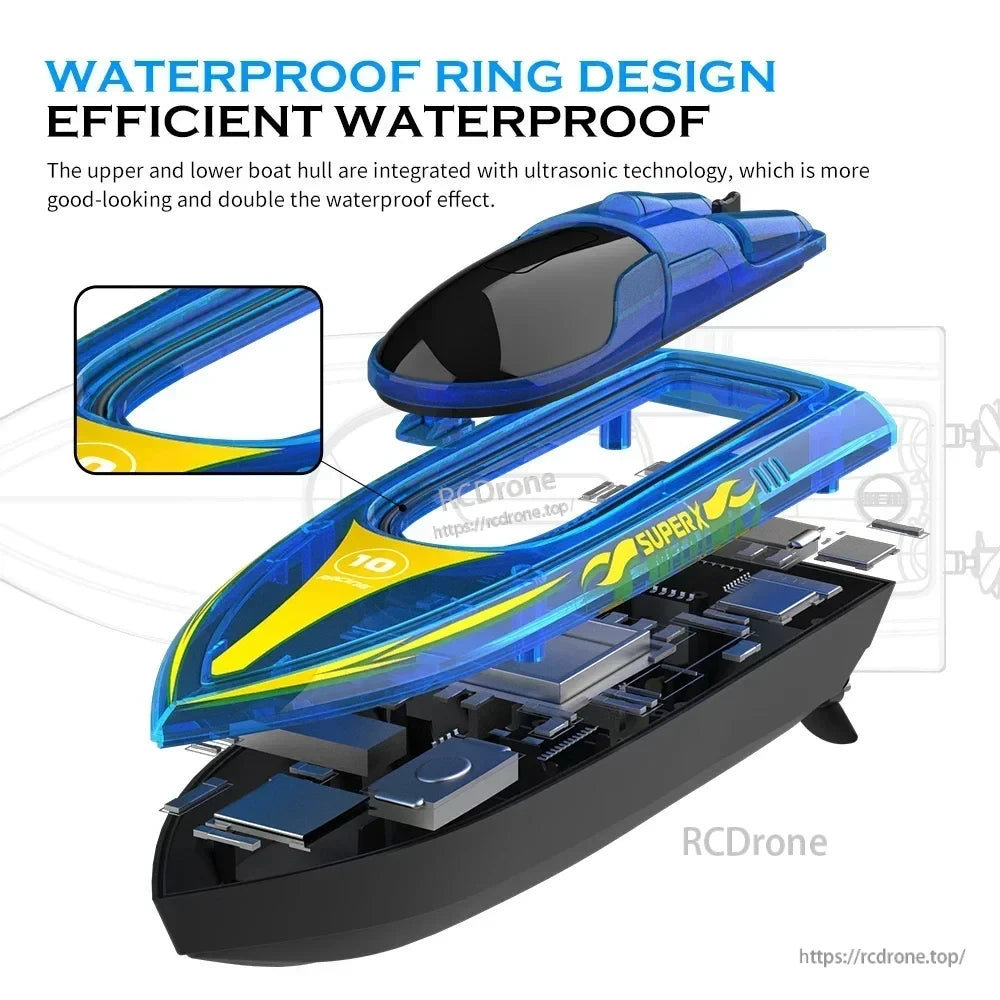 V555 2.4GHz RC Boat, Sleek blue-yellow RC boat with waterproof ring, ultrasonic tech, and double protection for efficient, reliable performance.