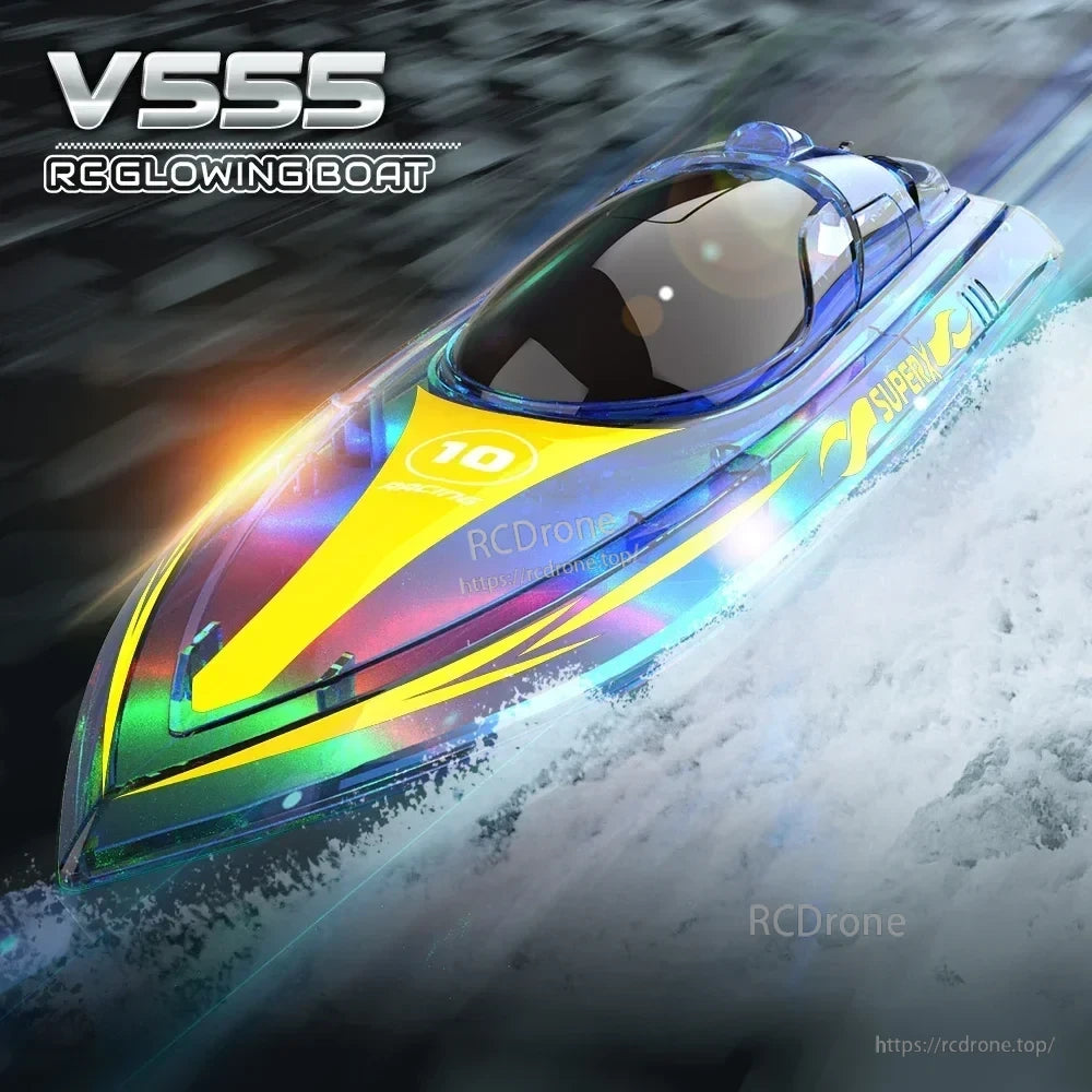 V555 2.4GHz RC boat with lighting and LED effects for racing and fun, features 15KM/h speed, 50M range, and 60-minute runtime.