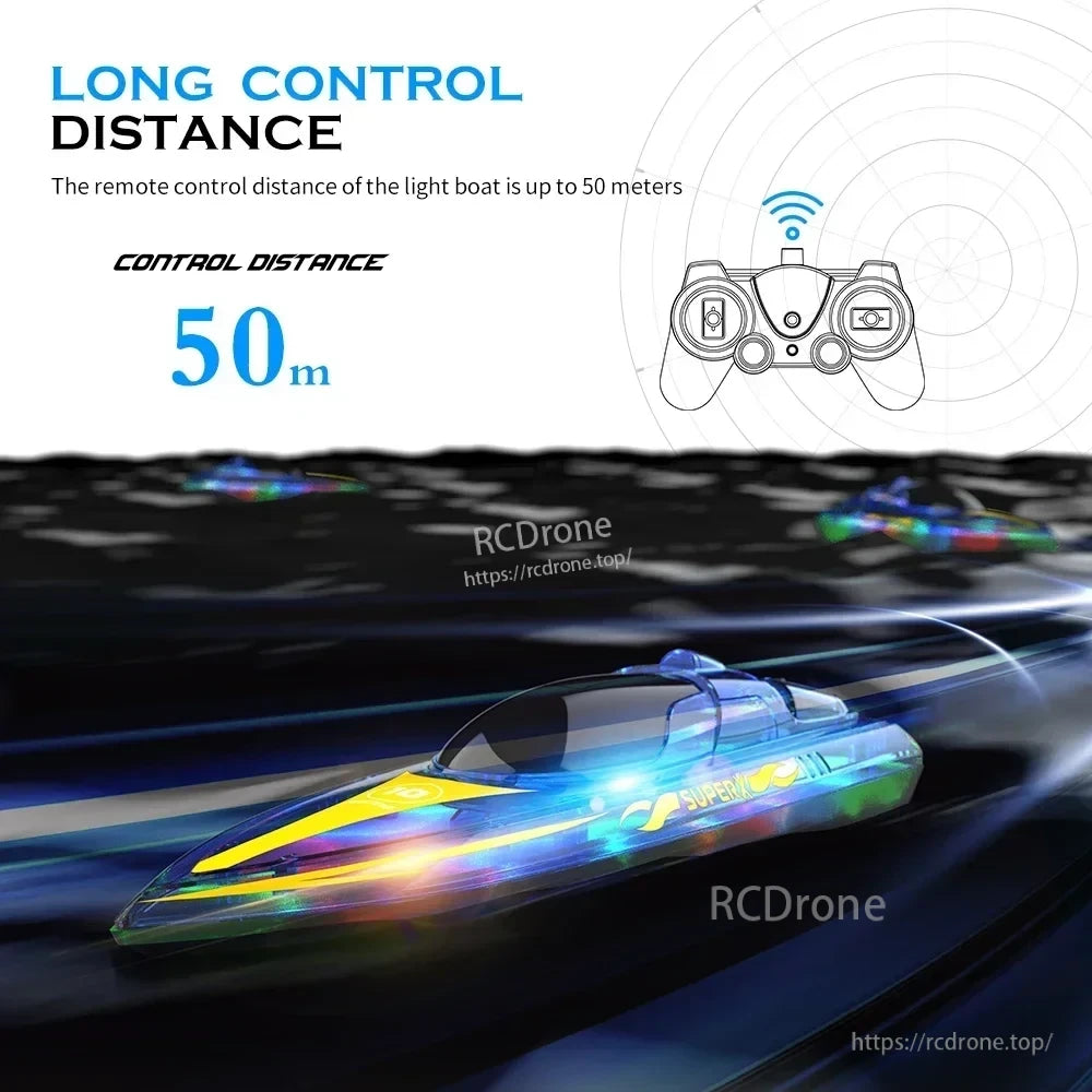 V555 2.4GHz RC Boat, RC Boat 50m Control Distance, Super Speed, LED Lights