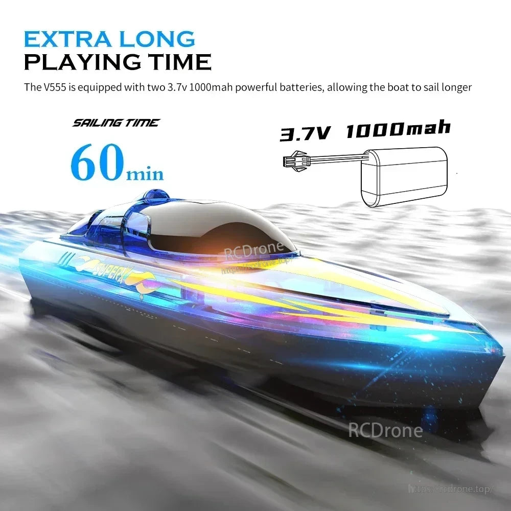V555 2.4GHz RC Boat, The V555 RC boat offers 60 minutes of sailing time with dual 3.7V 1000mAh batteries for extended play.