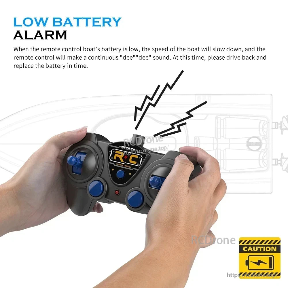 V555 2.4GHz RC Boat, Low battery triggers slow speed, "dee-dee" alarm, and caution symbol; return promptly and replace battery.