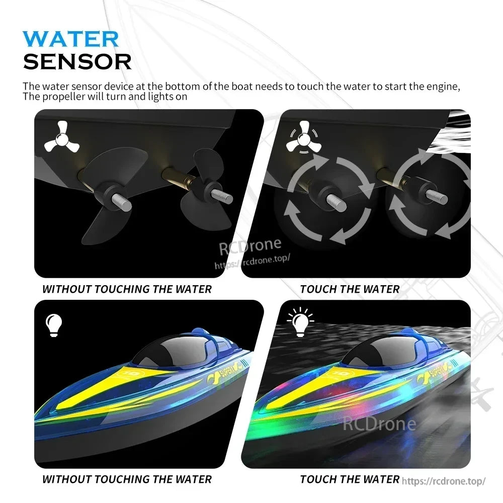 V555 2.4GHz RC Boat, Water sensor activates boat engine and lights when touching water; propeller spins only in water.