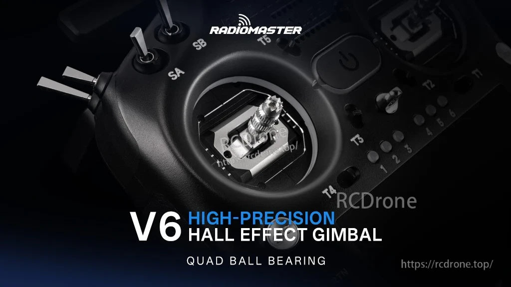 RadioMaster V6 Hall Effect Gimbal installed in a transmitter, highlighting the high-precision Hall sensor and bearings