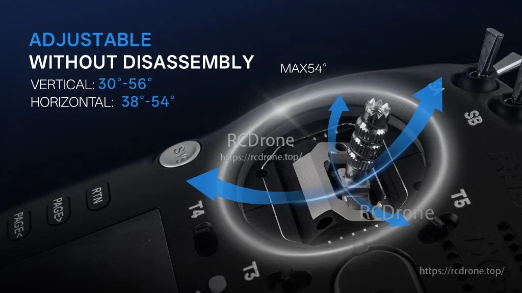 RadioMaster V6 gimbal travel adjustment range graphic (30–56° horizontal, 38–54° vertical) with no disassembly needed