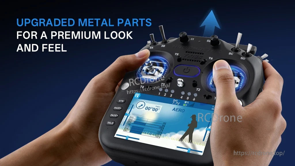 Hands holding a radio controller with upgraded metal gimbal parts highlighted for a premium look and feel