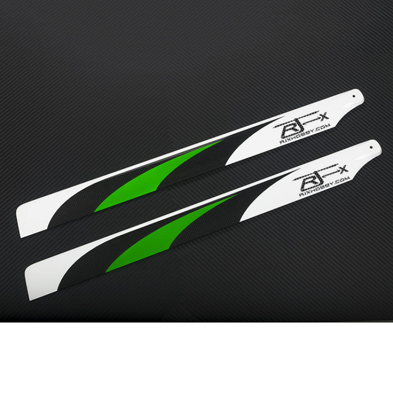 Pair of RJXHOBBY 600mm carbon fiber RC helicopter main blades with white and green graphics