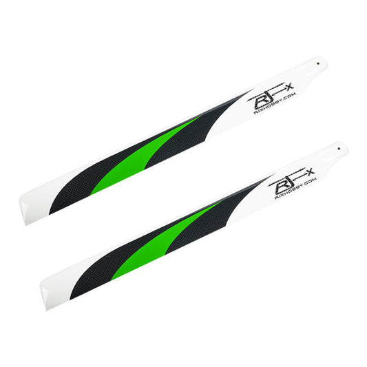 Pair of RJXHOBBY 600mm carbon fiber RC helicopter main blades with white, black, and green symmetrical design