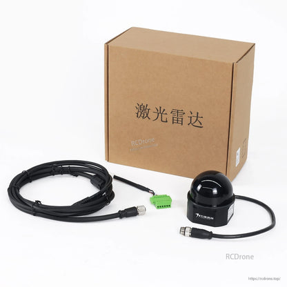 Package contents: LiDAR unit, cardboard box, long cable harness and green terminal connector