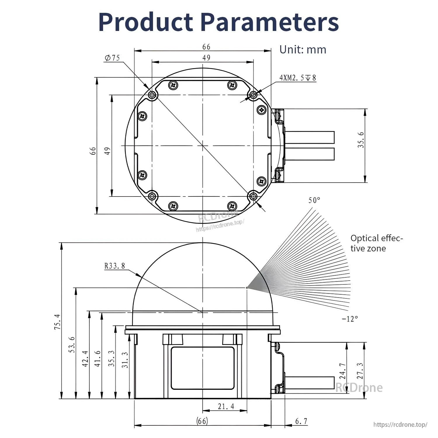 WLR-722 product parameters drawing with dimensions in mm and optical effective zone angles