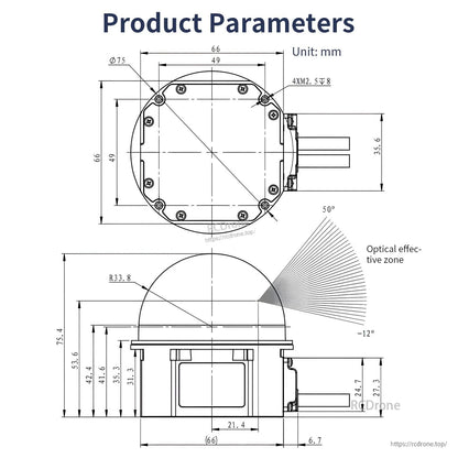 WLR-722 product parameters drawing with dimensions in mm and optical effective zone angles