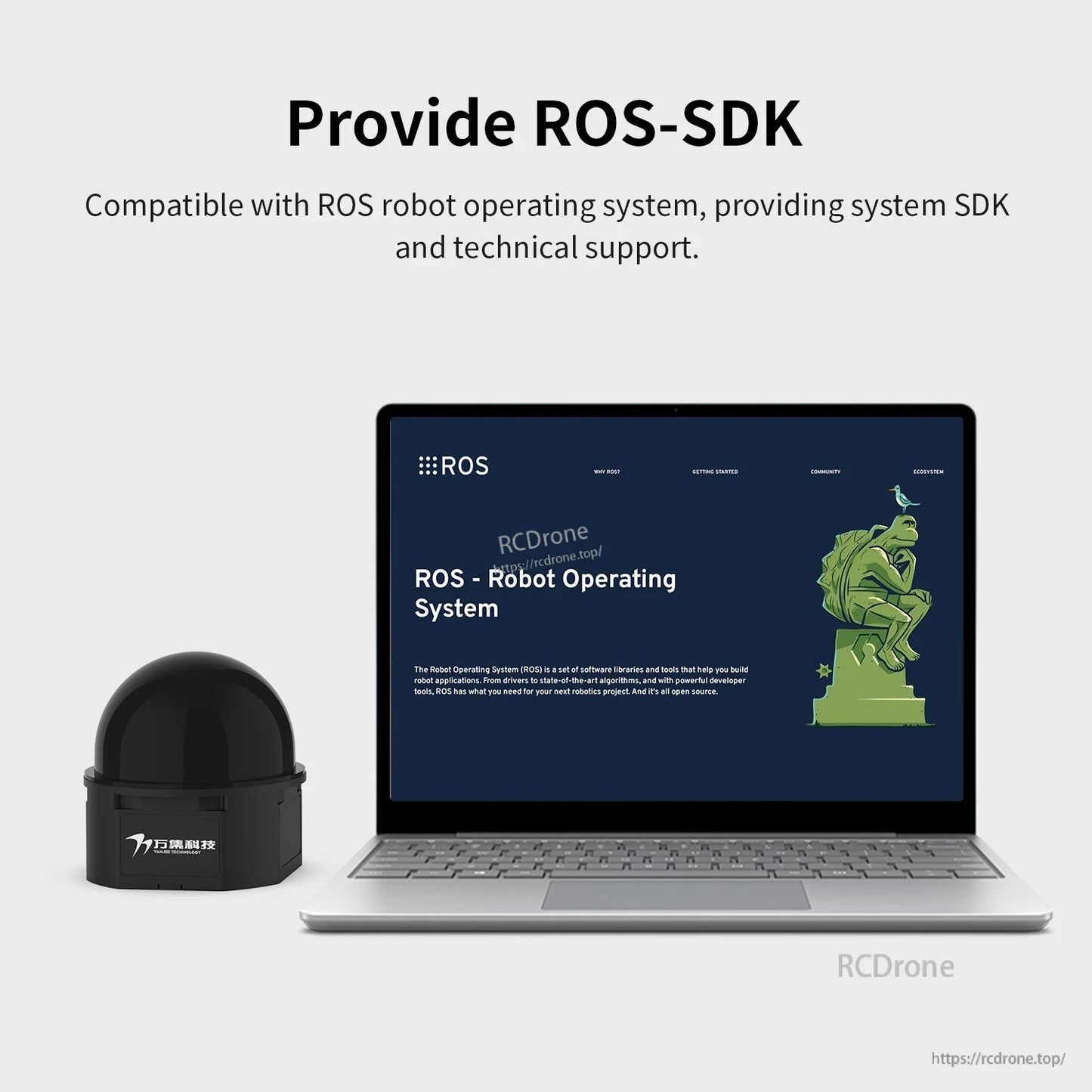 ROS-SDK support graphic with LiDAR unit beside laptop showing ROS Robot Operating System page