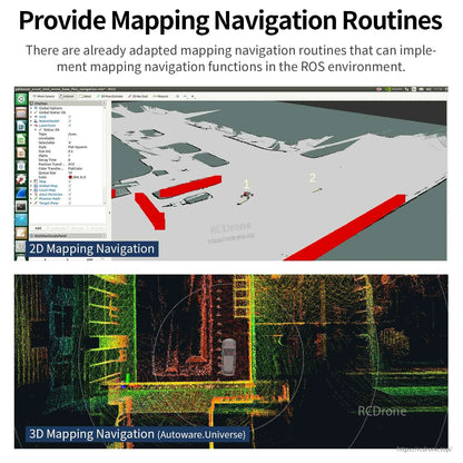 ROS mapping navigation routines screenshot with 2D map view and 3D Autoware point cloud view