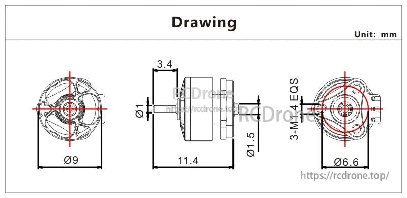 VCI 0702PRO DB 0702 micro motor mechanical drawing with Ø9×11.4mm body, Ø1mm shaft and 3-M1.4 mount